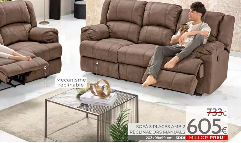 Sofà 3 Places Amb 2 Reclinadors Manuals 