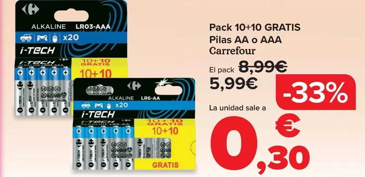 Carrefour - Pilas AA O AAA Pack 10+10 Gratis