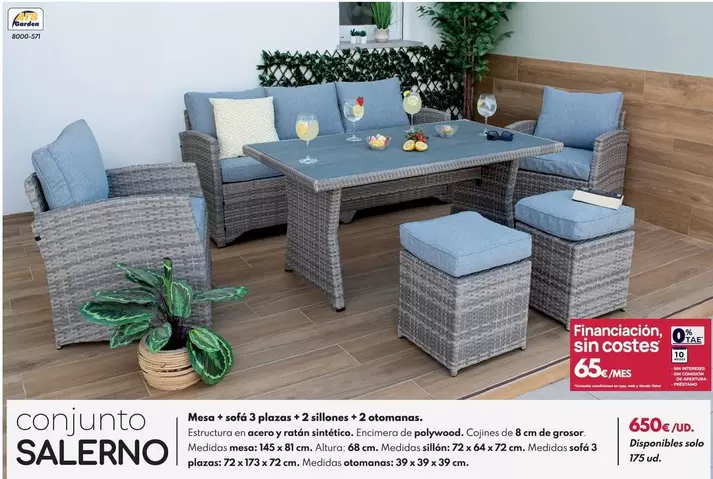 Conjuto Salerno Mesa + Sofá 3 Plazas + 2 Sillones + 2 Otomanas.
