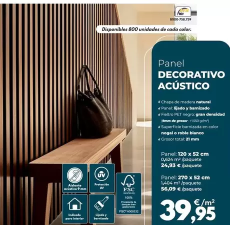 Panel Acústico Barnizado 270x52x2,1cm - ROBLE BLANCO