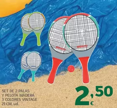 Set De 2 Palas Y Pelota Madera 3 Colores Vintage