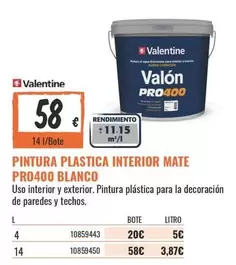 Valentine - Pintura Plastica Interior Mate Pro400 Blanco