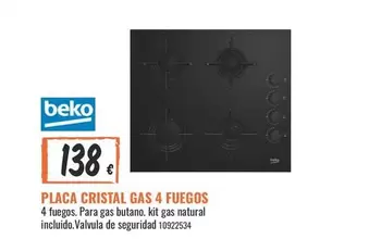 Beko - Placa Cristal Gas 4 Fuegos