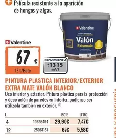 Valentine - Pintura Plastica Interior/exterior Extra Mate Valon Blanco