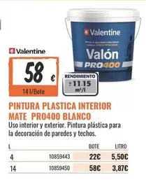 Valentine - Pintura Plastica Interior Mate Pro400 Blanco