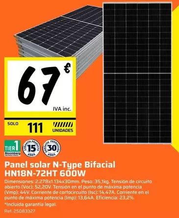 Solo - Panel Solar N-type Bifacial Hn18n-72ht 600w