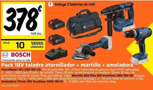 Bosch - Pack 13v Taladro Atornillador + Martillo + Amoladora
