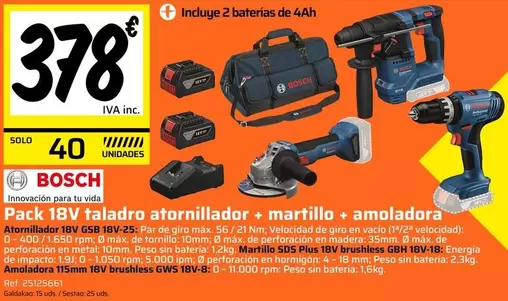 Bosch - Pack 18 V Taladro Atornillador + Martillo + Amoladora