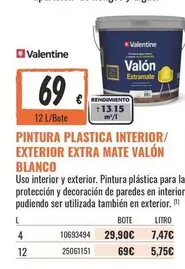 Valentine - Pintura Plastica Interior/Exterior Extra Mate Valon Blanco