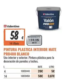 Valentine - Pintura Plastica Interior Mate Pro400 Blanco