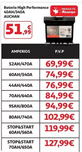Auchan - BATERIA AUCHAN HIGH PERF EFB STOP&START GO11 70AH/650A