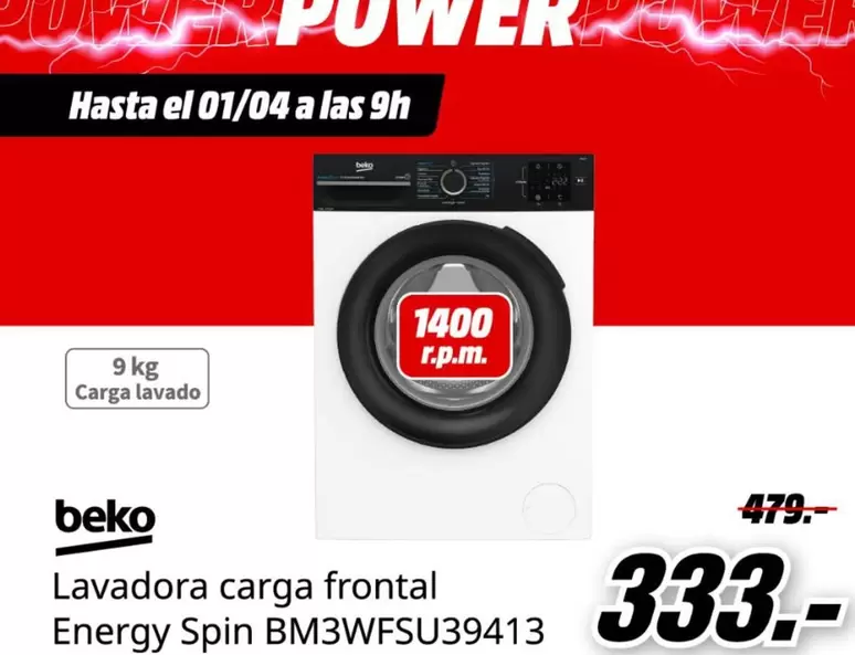 Beko - Lavadora Carga Frontal Energy Spin Bm3WFsu39413