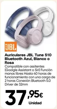 JBL - Auriculares Tune 510 Bluetooth Azul, Blanco O Rosa