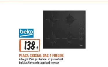 Beko - Placa Cristal Gas 4 Fuegos
