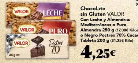 Valor - Chocolate Sin Gluten Con Leche Y Almendras Mediterraneas O Puro Almendra O Negro Postres 70% Cacao