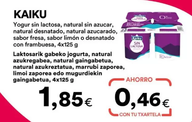 Kaiku - Yogur Sin Lactosa, Natural Sin Azucar, Natural Desnatado, Natural Azucarado, Sabor Fresa, Sabor Limón O Desnatado Con Frambuesa 