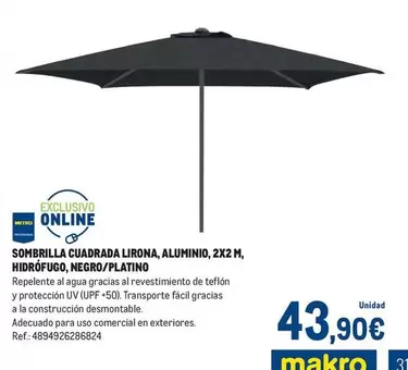 makro - Sombrilla Cuadrada Lirona, Aluminio, 2x2 M, Hidrofugo, Negro/Platino