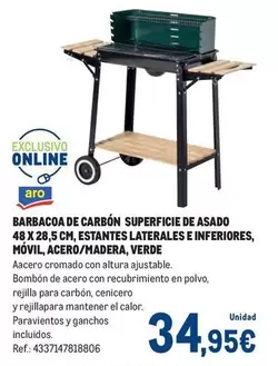 Aro - Barbacoa De Carbón Superficie De Asado 48 X28,5 Cm, Estantes Laterales E Inferiores, Móvil, Acero/ Madera, Verde