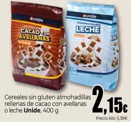 Unide - Cereales Sin Gluten Almohadillas Rellenas De Cacao Con Avellanas O Leche