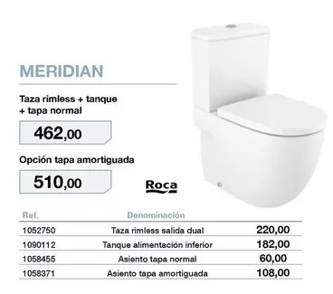 Roca - Meridian Taza Rimless + Tanque + Tapa Normal
