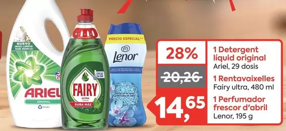 Ariel/Fairy/Lenor - 1 Detergent Liquid Original/1 Rentavaixelles/1 Perfumador Frescor D'Abril