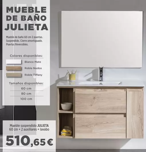 Mueble Suspendido Julieta + 2 Auxiliares + Lavabo