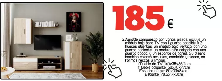 Apilable Compuesto Por Varias Piezas, Incluye Un Módulo Bajo Para TV Con 1 Puerta Abatible Y 2 Huecos Abiertos, Un Módulo Bajo Vertical Con Una Puerta Batiente, Un Módulo Alto Colgado Con Una Puerta Opaca, Y Un Estante De Pared. Su Diseño Combina Colores