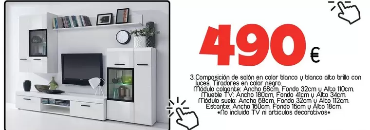 Composición De Salón En Color Blanco Y Blanco Alto Brillo Con Luces. Tiradores En Color Negro