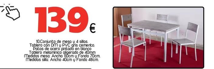Conjunto De Mesa Y 4 Sillas. Tablero Con DM Y PVC Gris Cemento. Patas De Acero Pintado En Blanco Tablero Melamínico Aligerado