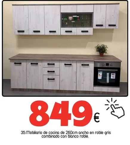 Mobilario De Cocina De 260cm Ancho En Roble Gris Combinado Con Blanco Roble