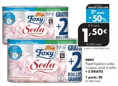 Foxy - Papel Higiénico Seda, 3 Caças, Pack 4 Rollos + 2 Gratis
