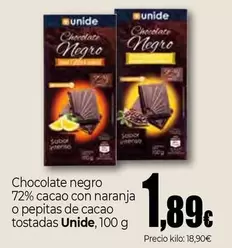Unide - Chocolate Negro 72% Cacao Con Naranja O Pepitas De Cacao Tostadas