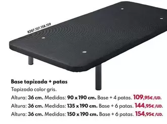 Base Tapizada Gris + Patas - 6 Patas 36x135x190cm