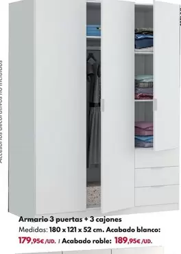 Armario 3 Puertas + 3 Cajones 180x121x52cm - Blanco