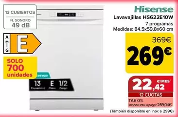 Hisense - Lavavajillas Hs622e10w