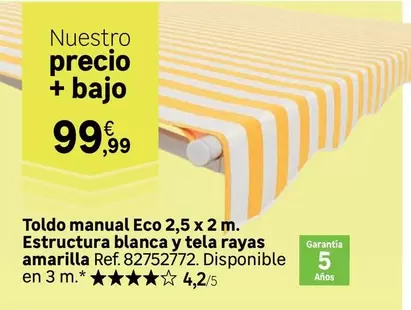 Eco - Toldo Manual 2,5 x 2 m. Estructura Blanca y Tela Rayas Amarilla