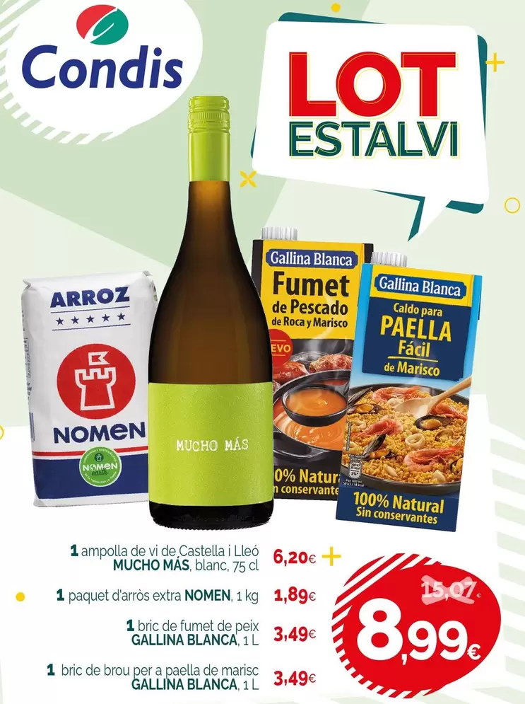 Mucho Más / Nomen / Gallina Blanca - 1 Ampolla De Vi De Castella I Lleó, Blanc/1 Paquet D'Arròs Extra/1 Bric De Fumet De Peix/1 Bric De Brou Per A Paella De Marisc