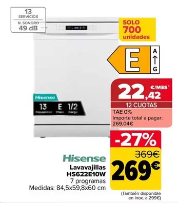 Hisense - Lavavajillas HS622E10W