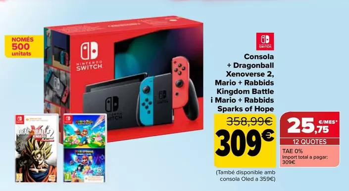 Nintendo SWITCH - Consola + Dragonball Xenoverse 2  Mario + Rabbids  Kingdom Battle  Y Mario + Rabbids  Sparks Of Hope