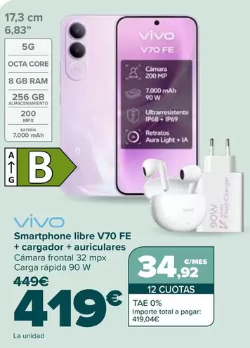Vivo - Smartphone Libre V70 FE + Cargador + Auriculares