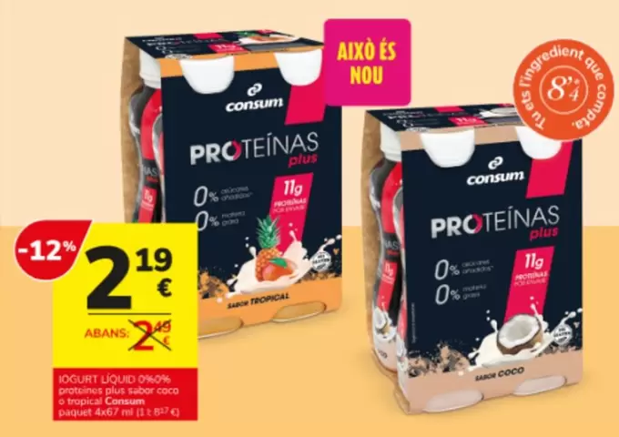 Consum - Iogurt Líquid 0% Proteines Plus Sabor Coco O Tropical