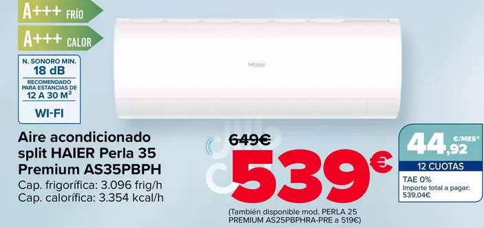 Haier - Aire Acondicionado Split  Perla 35 Premium AS35PBPH