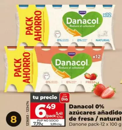 Danone - Danacol 0% Azúcares Añadidos De Fresa/Natural 