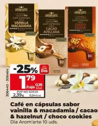 Dia Arom'Arte - Café En Cápsulas Sabor Vainilla & Macadamia/Cacao & Hazelnut/Choco Cookies 