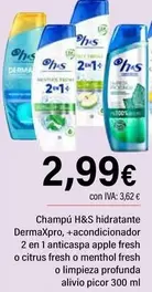H&S - Champú Hidratante DermaXpro + Acondicionador 2 En 1 Anticaspa Apple Fresh O Citrus Fresh O Menthol Fresh O Limpieza Profunda Alivio Picor