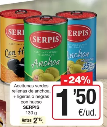 Serpis - Aceitunas Verdes Rellenas De Anchoa + Ligeras O Negras Con Hueso