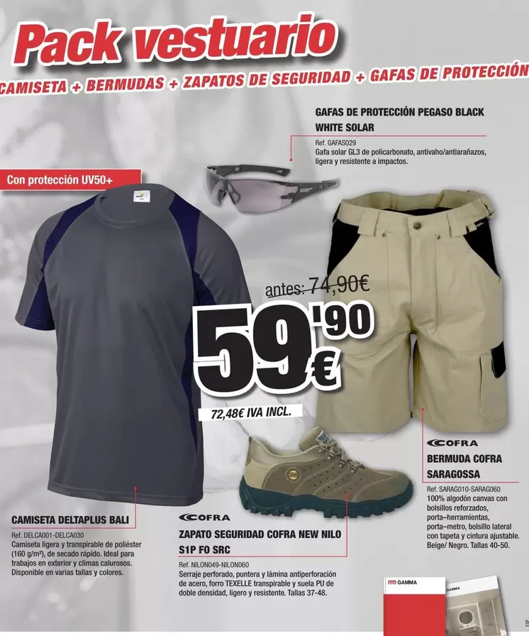 Deltaplus/Pegaso/Cofra - Camiseta Bali + Zapato Seguridad New Nilo S1P F0 SRC + Bermuda Saragossa + Gafas De Protección Black White Solar