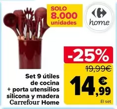 Carrefour Home - Set 9 Útiles De Cocina + Porta Utensilios Silicona Y Madera