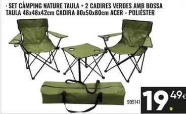 Set Camping Nature Taula + 2 Cadires Verdes Amb Bossa Taula 