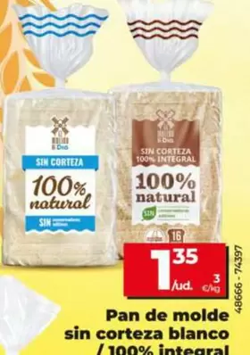 Blanco - Pan De Molde Sin Corteza  / 100% Integral